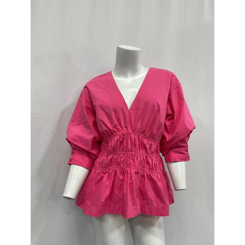 Simkhai 'Yuni' Pink Cotton Poplin Puff-Sleeve V Neck Top Size 12