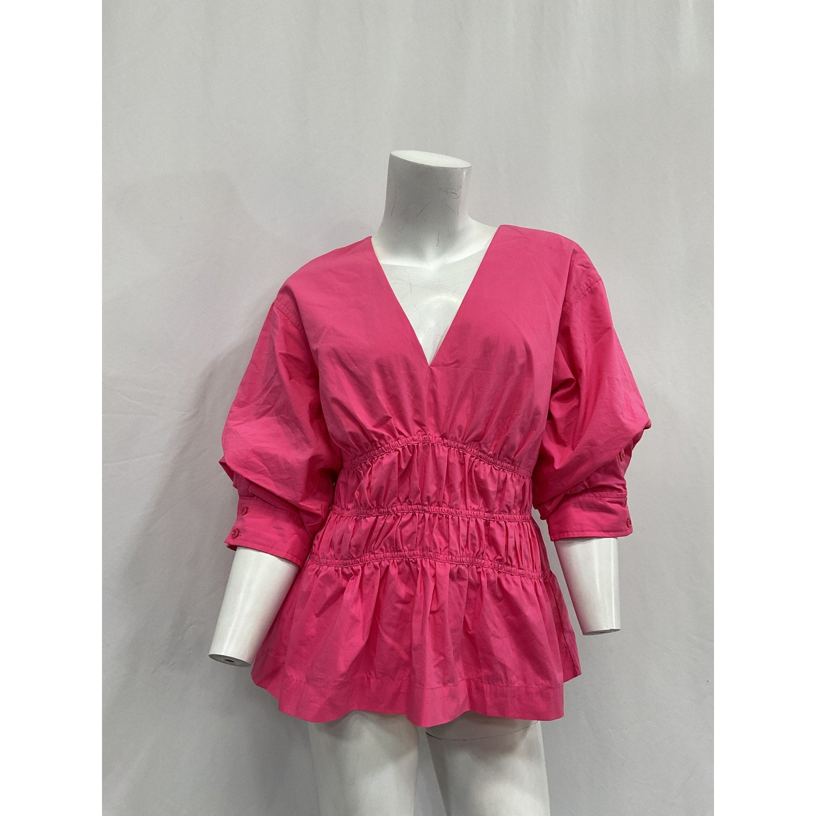 Simkhai 'Yuni' Pink Cotton Poplin Puff-Sleeve V Neck Top Size 12