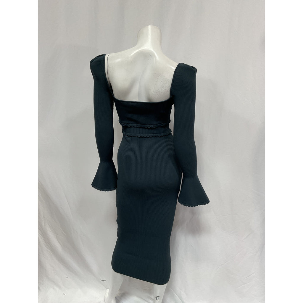 Self-Portrait Knit 'Scallop Edge' Green Viscose Midi Dress Size S