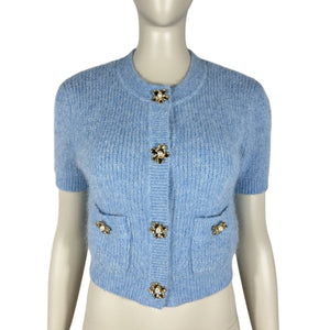 Self-Portrait Embellished Blue Ribbed-Knit Cardigan Size Small