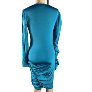 Ronny Kobo Ruched Asymmetric Long Sleeve Caneel Bay Blue Trista Mini Dress Size Small