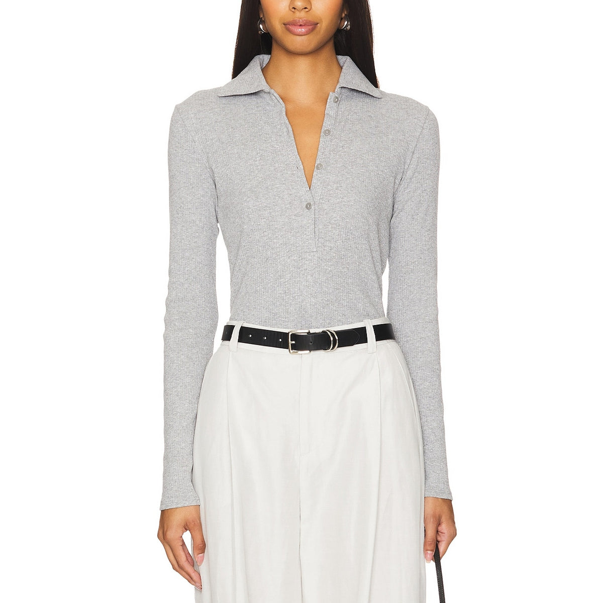 Vince Rib Long Sleeve Grey Cotton Collared Polo Size S / Petite