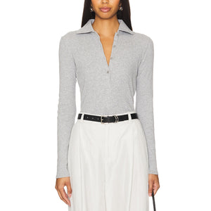 Vince Rib Long Sleeve Grey Cotton Collared Polo Size S / Petite