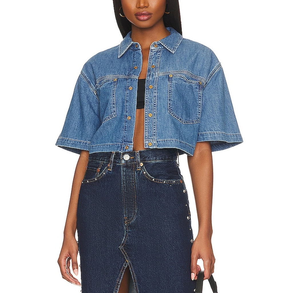 Re/Done 'Oversized' Blue Denim Crop Shirt Size XS