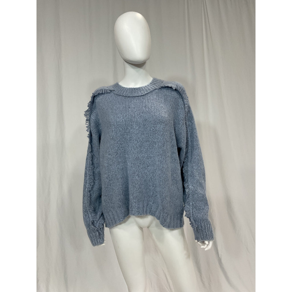 Brochu Walker 'Aimee' Blue Fringe Fuzzy Knit Crew Size S