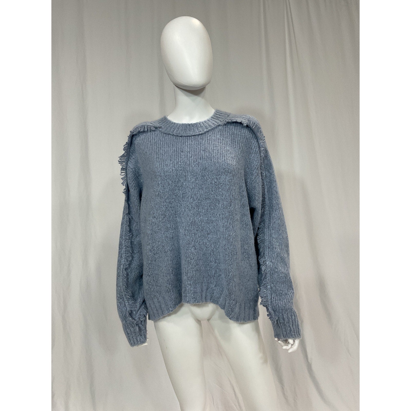 Brochu Walker 'Aimee' Blue Fringe Fuzzy Knit Crew Size S