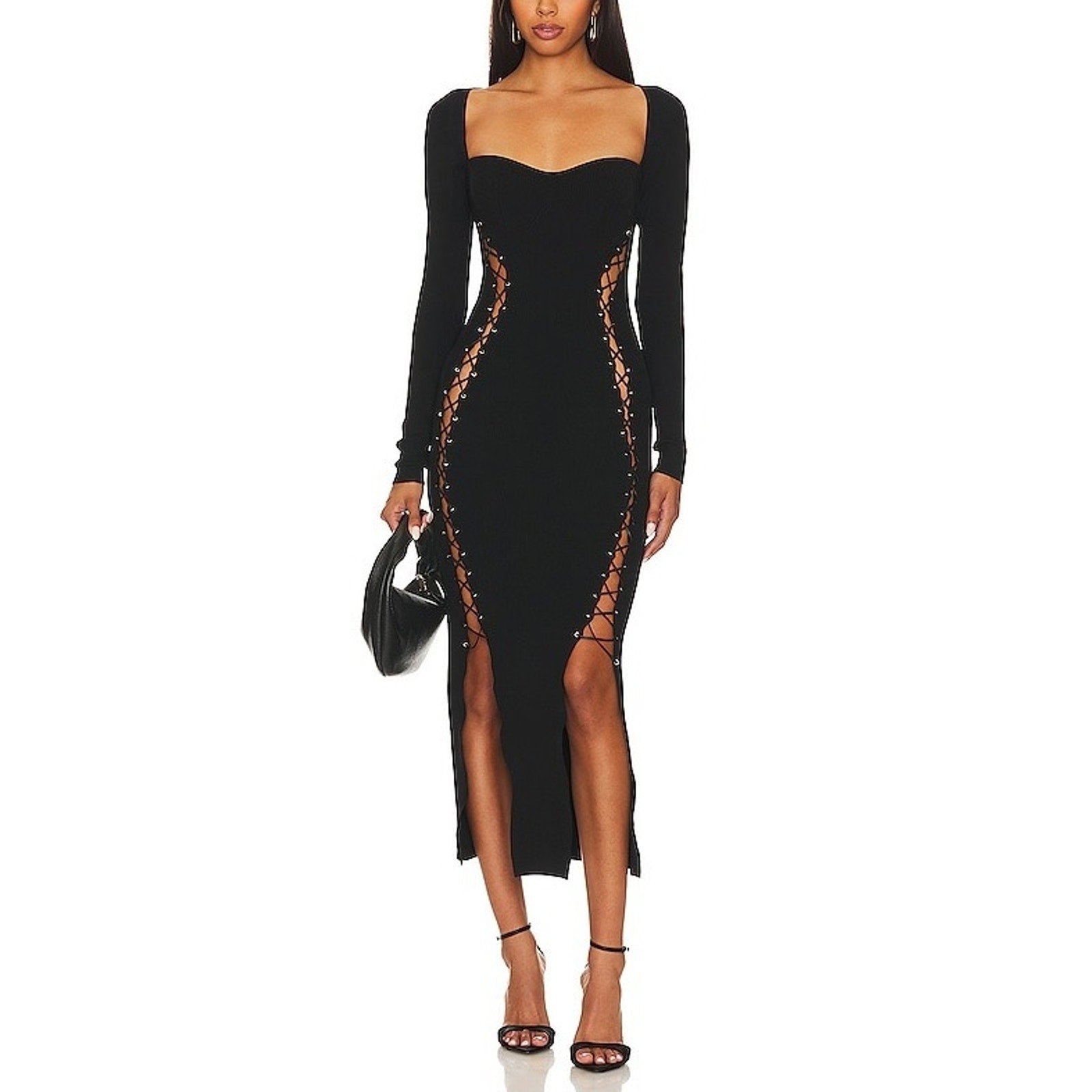 Nicholas 'Arna' Black Long Sleeve Lace Up Midi Dress Size M