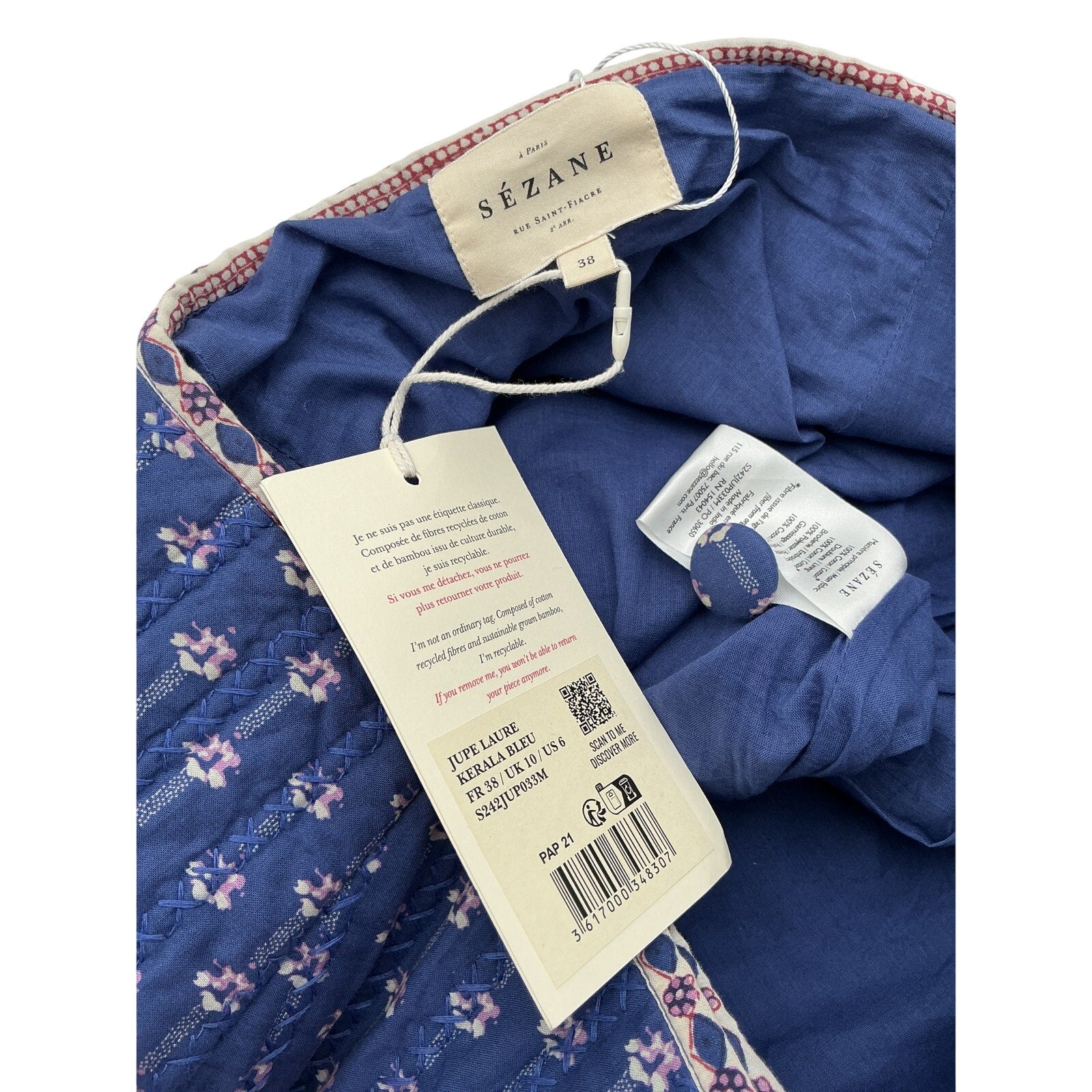 S�zane 'Laure' Blue Cotton Skirt Size 38