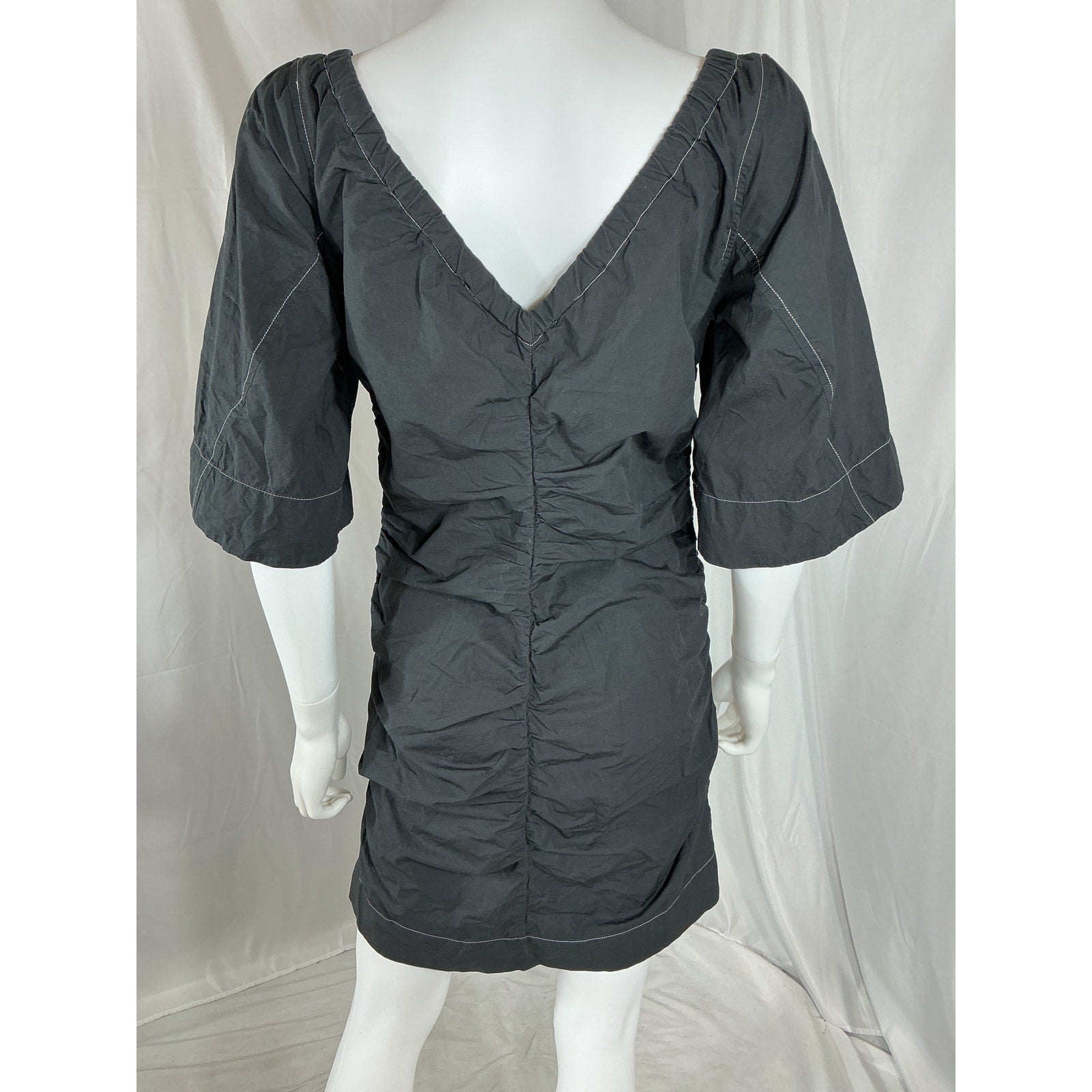 Ganni Poplin Black Cotton V-Neck Mini Dress Size 40