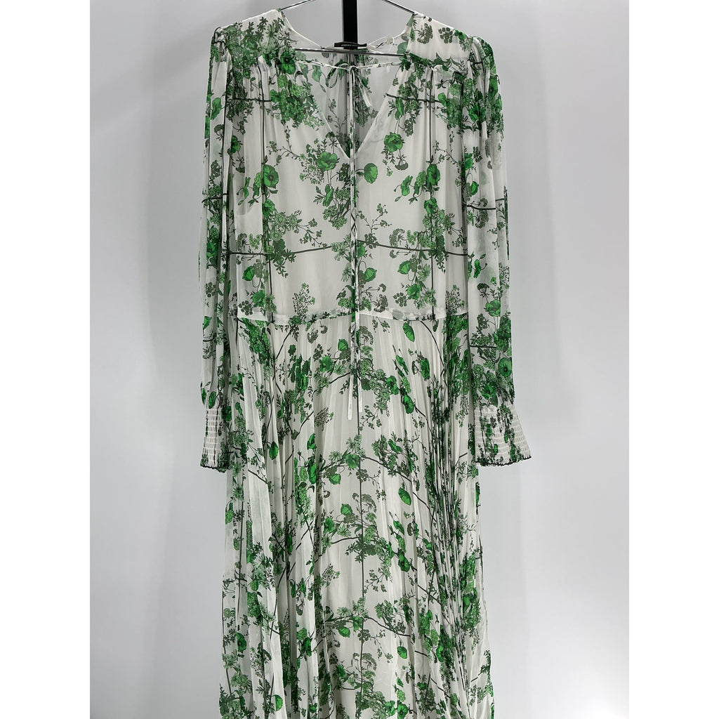 Rebecca Taylor 'Conservatory' Green Viscose Fleur Tie Front Pleated Dress Size XL