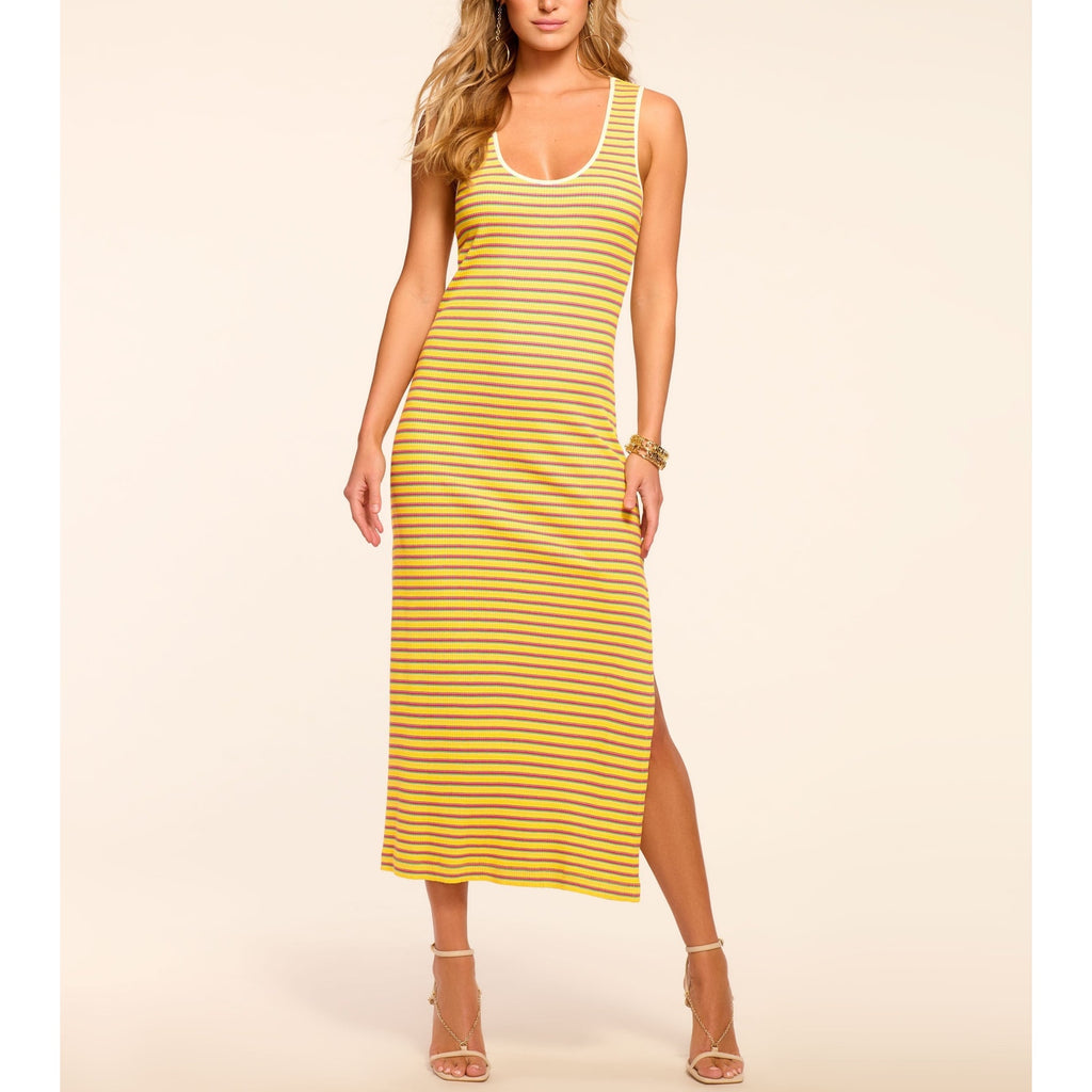 Ramy Brook 'Everest' Yellow Viscose Ribbed Knit Scoop Neck Midi Dress Size S