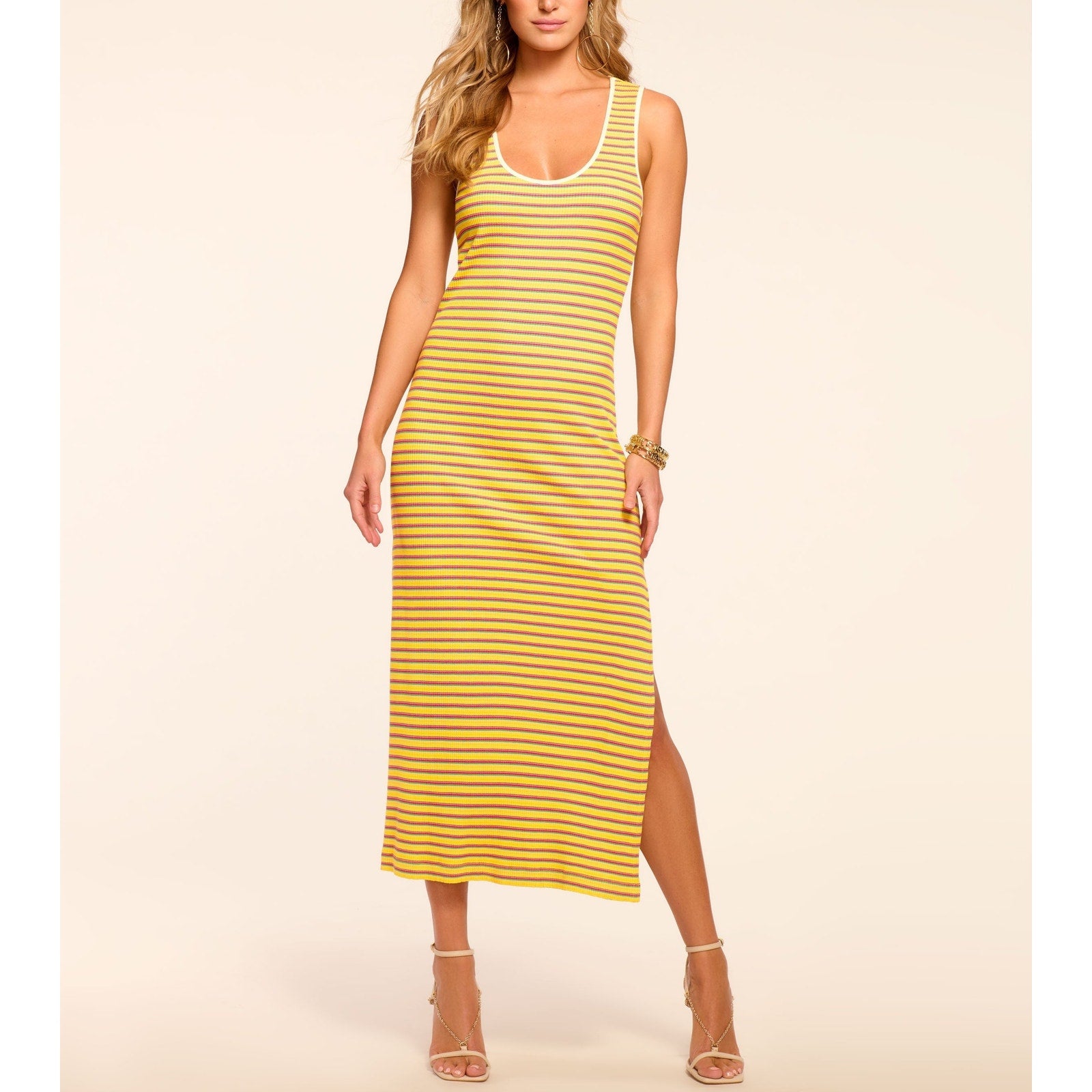 Ramy Brook 'Everest' Yellow Viscose Ribbed Knit Scoop Neck Midi Dress Size S