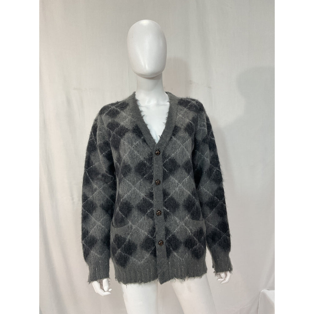 R13 'Fluffy' Black Plaid Oversized Distressed Edge Cardigan Size XS