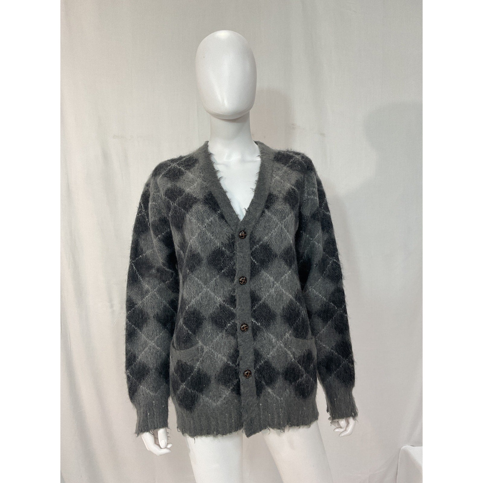 R13 'Fluffy' Black Plaid Oversized Distressed Edge Cardigan Size XS
