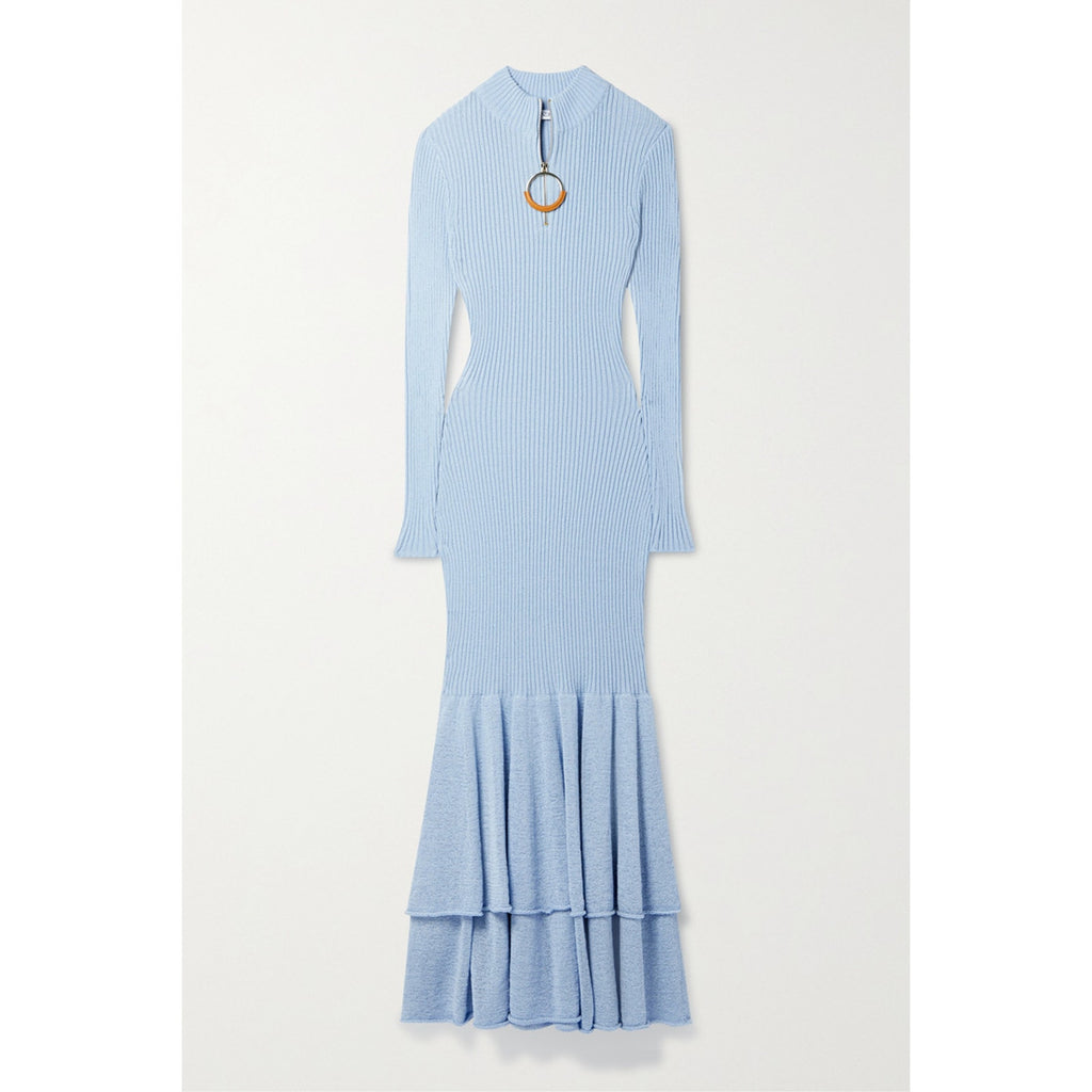 Jw Anderson Tiered Ribbed Blue Cotton Maxi Dress Size XS