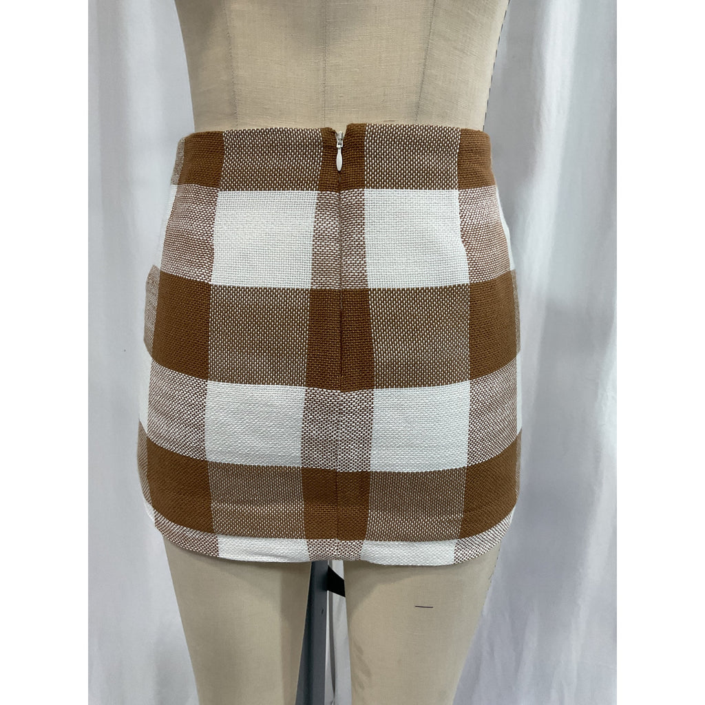 Staud 'Tour' Brown Gingham Cotton-Blend Wrap Miniskirt Size 2