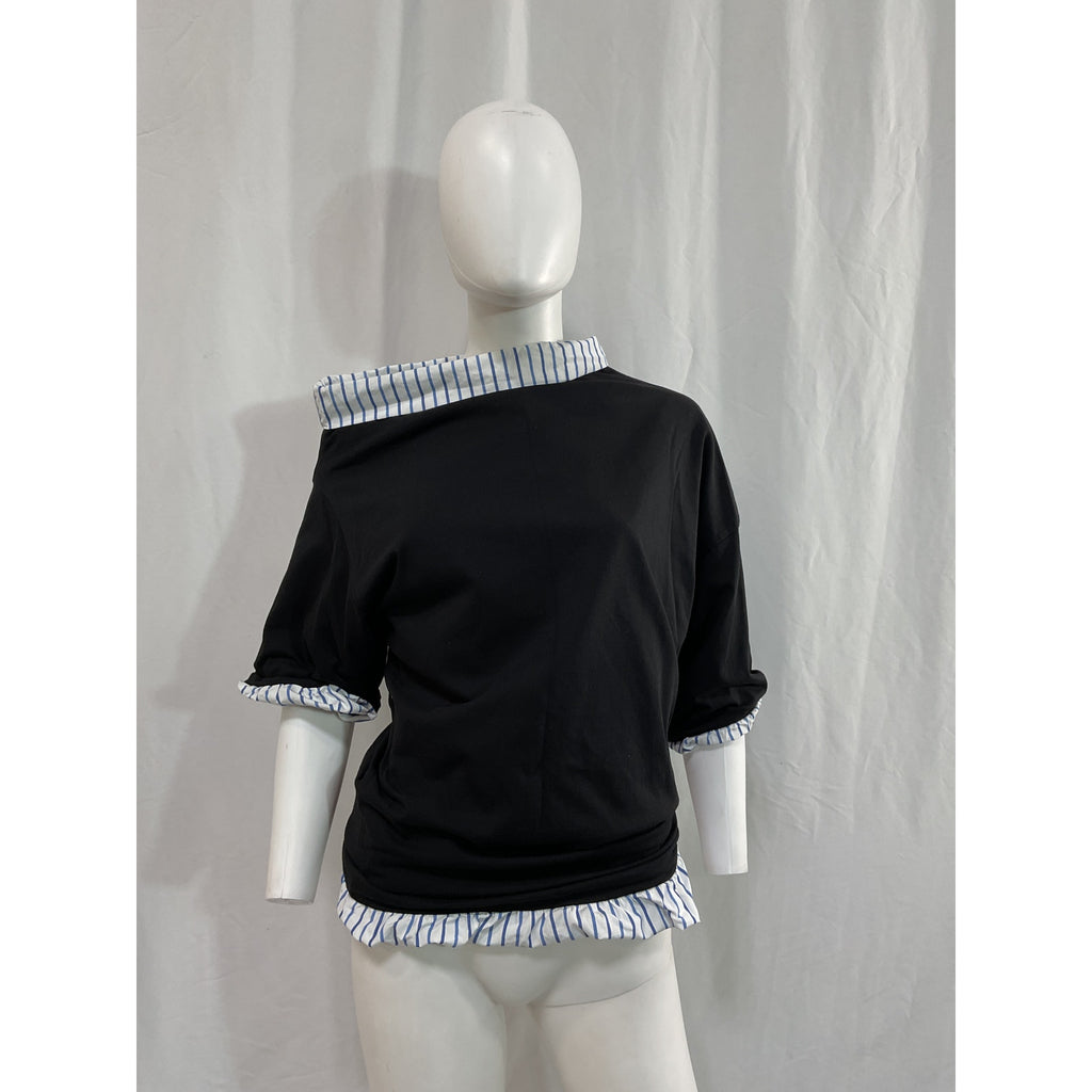 Dries Van Noten 'Twisted' Black Striped Cotton-Poplin Off Shoulder T-Shirt Size M