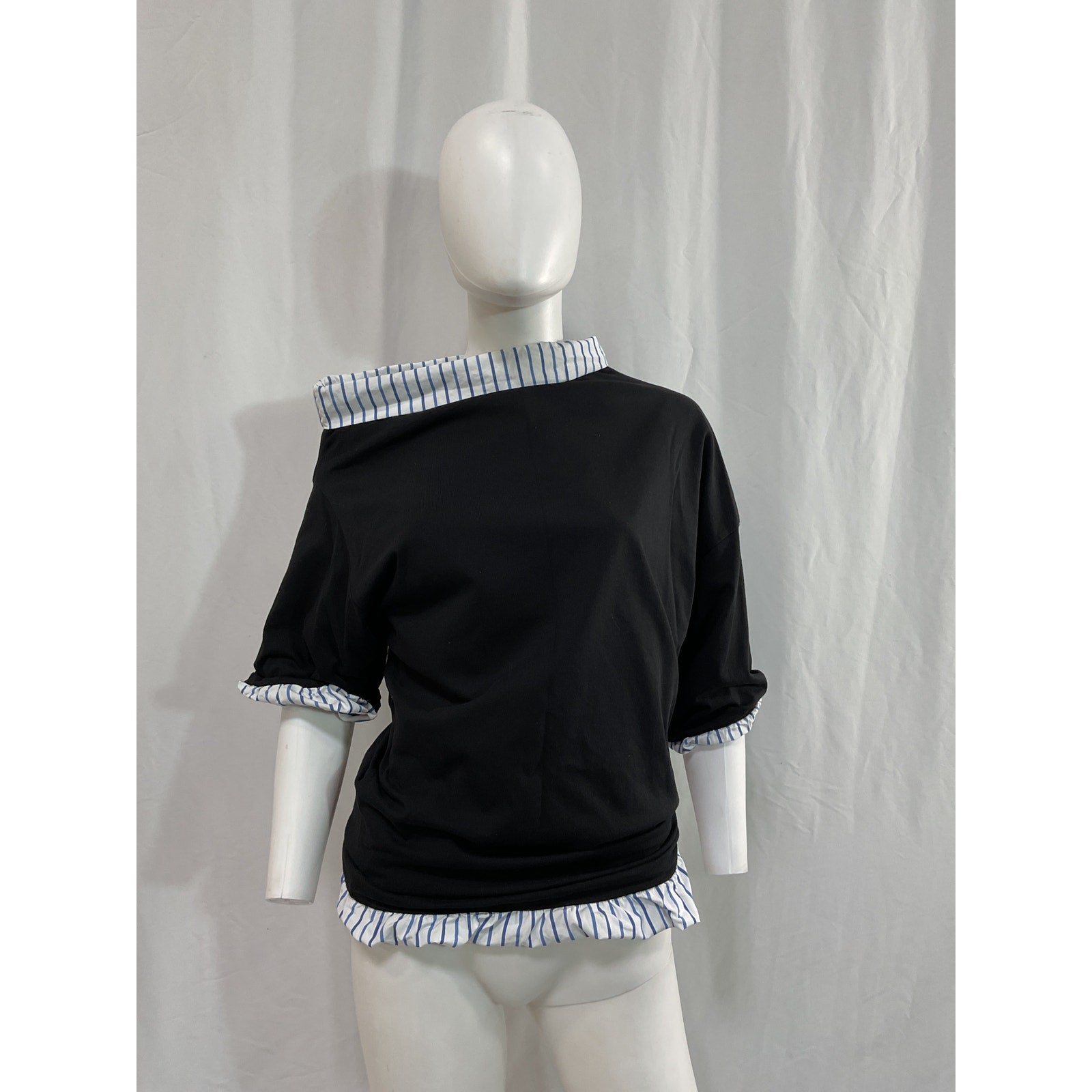 Dries Van Noten 'Twisted' Black Striped Cotton-Poplin Off Shoulder T-Shirt Size M