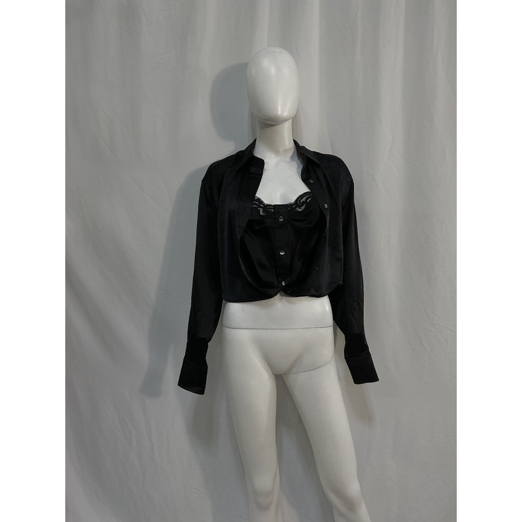 Alexander Wang Button Down Black Silk With Integrated Cami Blouse Size 2