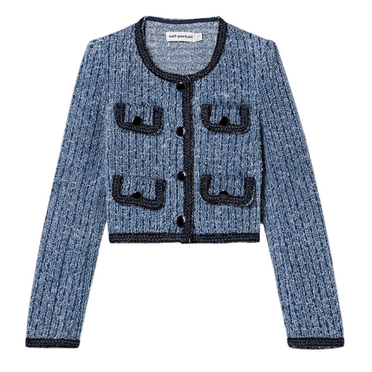 Self-Portrait Cropped Blue Denim Tweed Jacket Size UK 8 / US 4