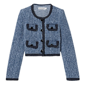 Self-Portrait Cropped Blue Denim Tweed Jacket Size UK 8 / US 4