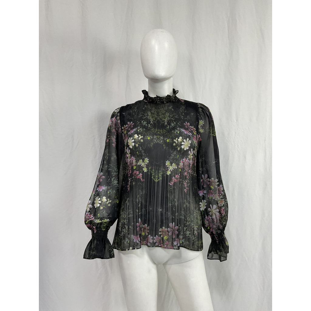 Allsaints 'Cora' Black Polyester Ophelia Pleated Floral Blouse Size 4