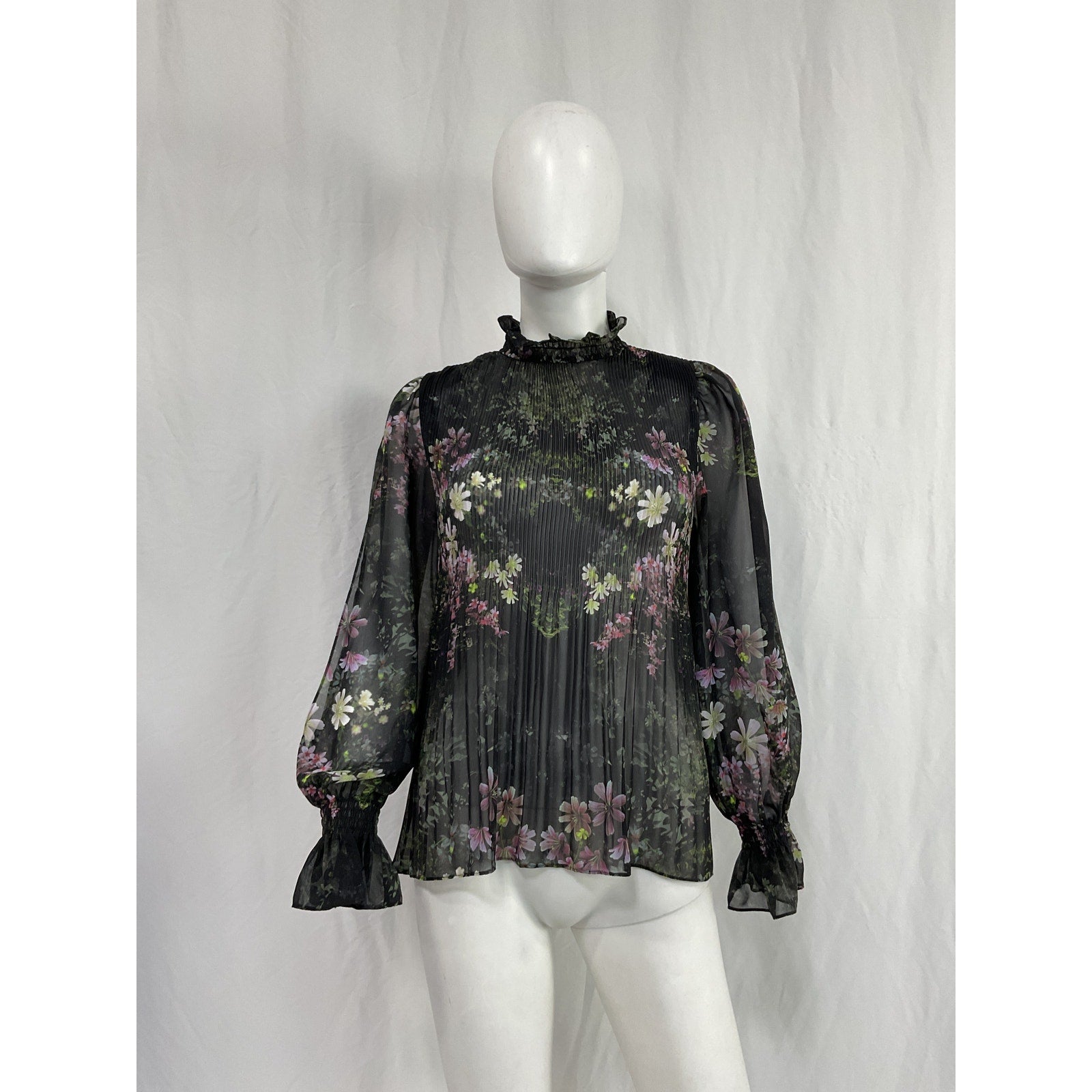 Allsaints 'Cora' Black Polyester Ophelia Pleated Floral Blouse Size 4