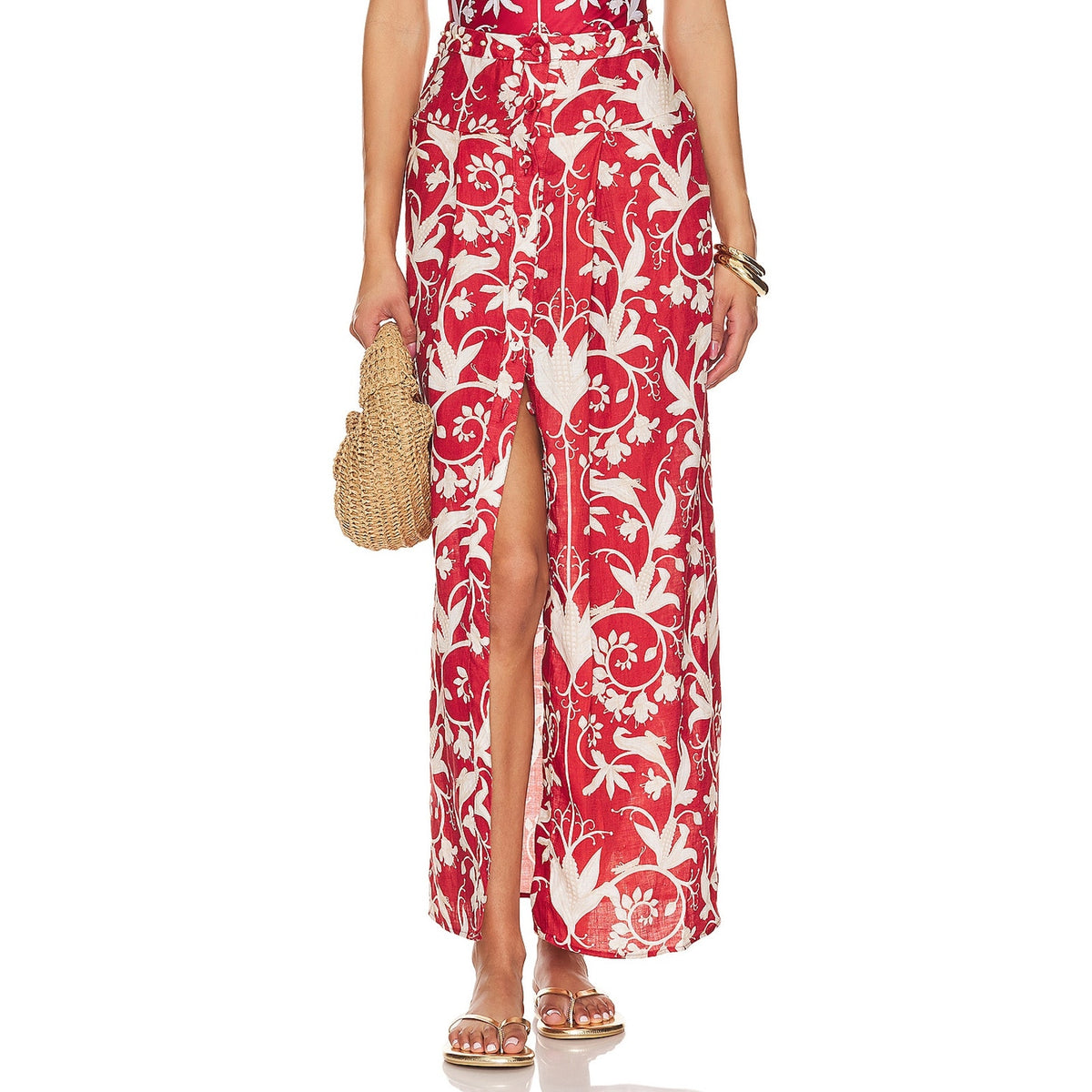 Agua Bendita Floral Red Coralina Maiz Skirt Size S NWT