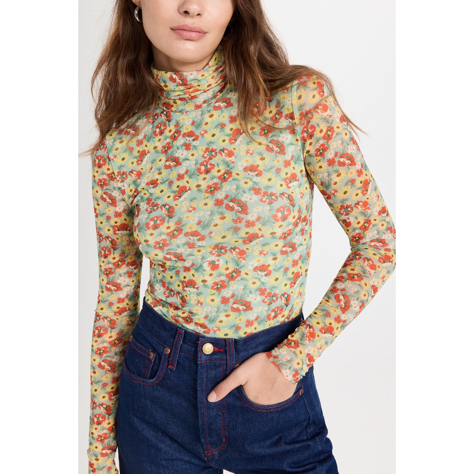 Ganni Printed Mesh Long Sleeve Green Fitted Rollneck Top Size 36