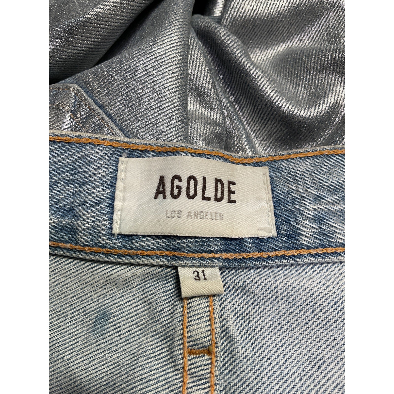 Agolde 90S Pinch Silver Cotton Metallic-Coated Straight-Leg Denim Jeans Size 31