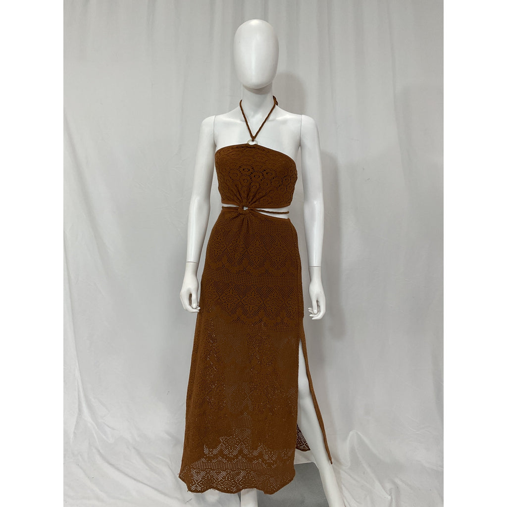 Simkhai 'Georgiana' Brown Crochet Halter Maxi Dress Size XS