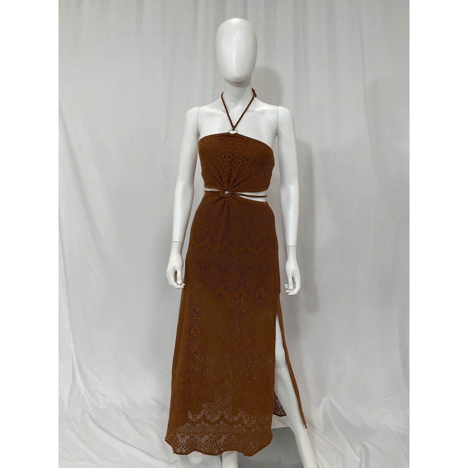 Simkhai 'Georgiana' Brown Crochet Halter Maxi Dress Size XS