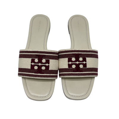Tory Burch Chic White Double T Jacquard Slides Size 8.5