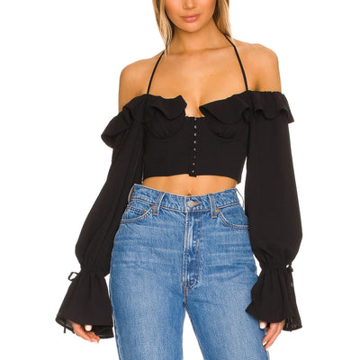 Majorelle 'Stefano' Black Halterneck Bell Sleeve Bustier Top Size S
