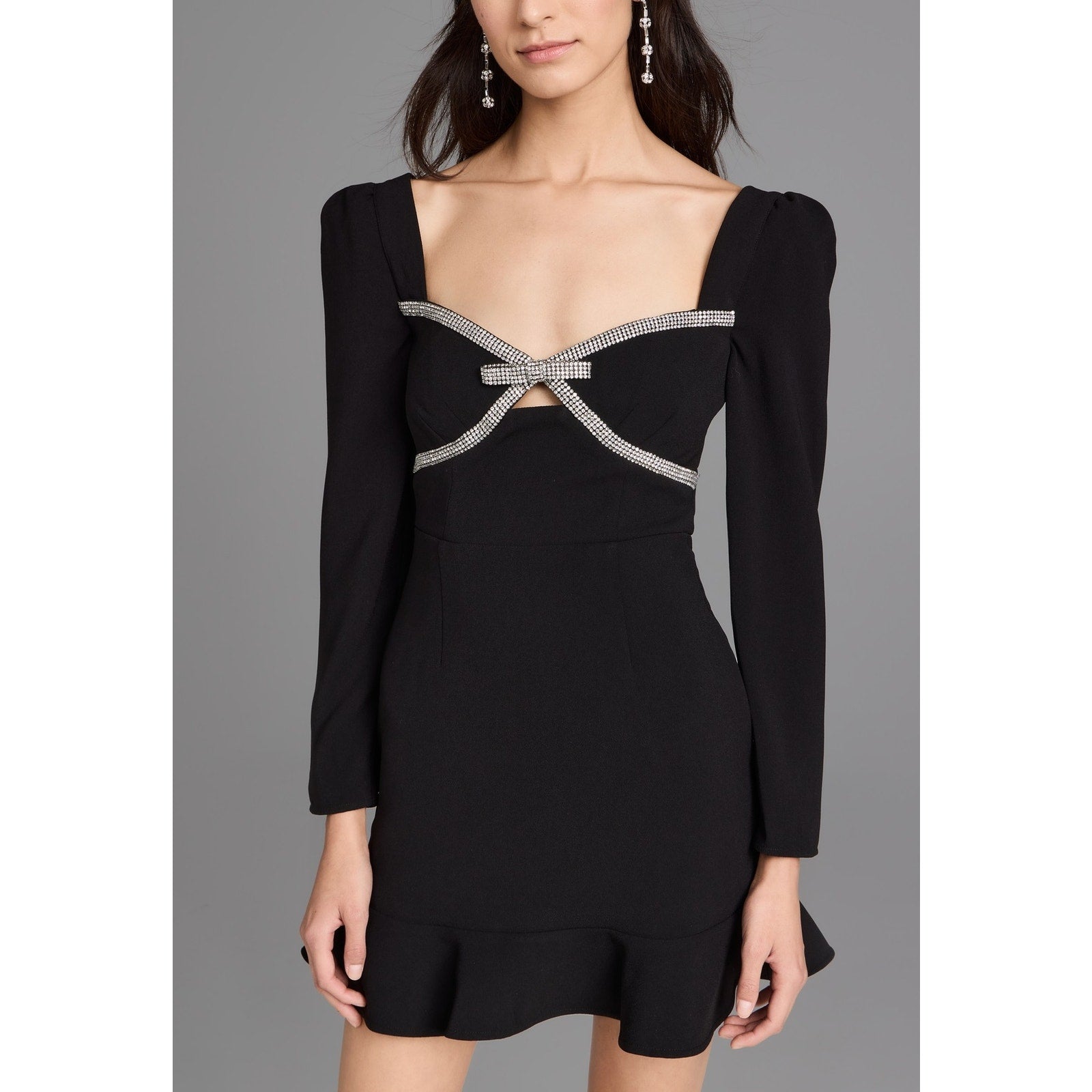 Self Portrait 'Diamante' Black Crystal Embellished Long Sleeve Bow Mini Dress Size 0 - NWT
