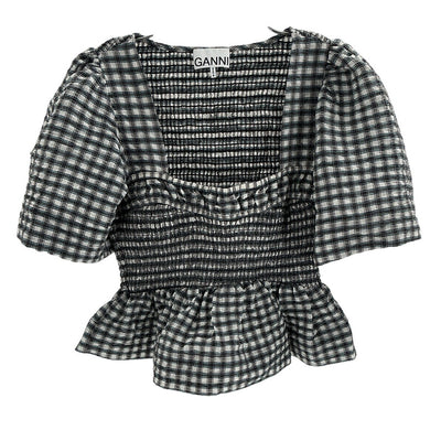 Ganni Seersucker Checked Egret Open-Neck Smock Blouse Size FR 36 / US 4