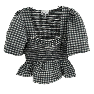 Ganni Seersucker Checked Egret Open-Neck Smock Blouse Size FR 36 / US 4