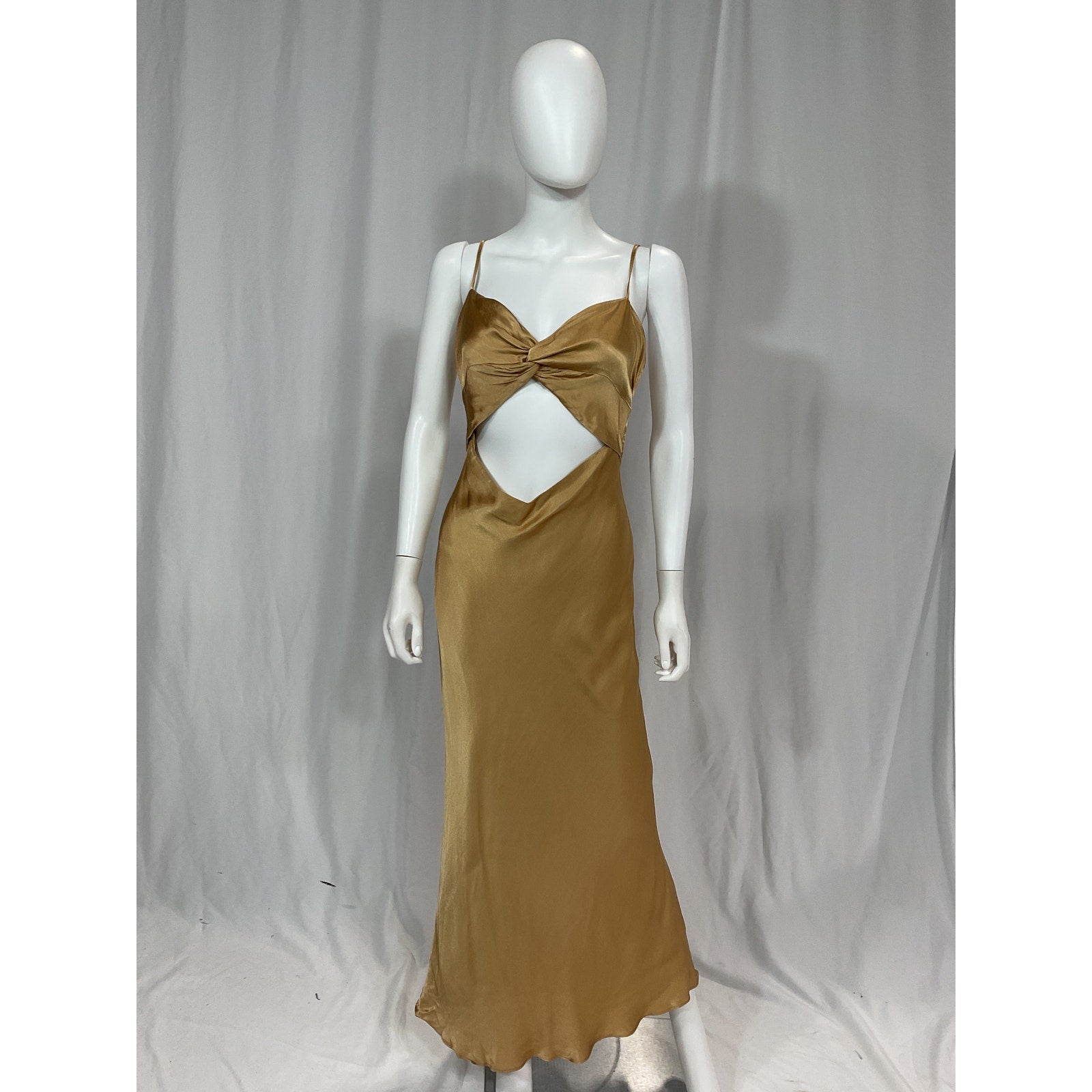Shona Joy 'Oliviera' Gold Satin Twist Front Midi Dress Size 6