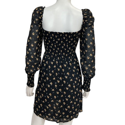 Maje Shirred Black Floral Crepe Mini Dress Size FR 36 / US 4