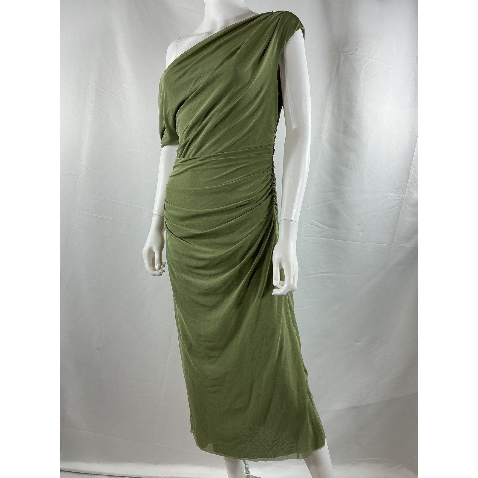 Significant Other Drew Green Polyester Draped Mesh-Jersey Off-The-Shoulder Midi Dress Size 8