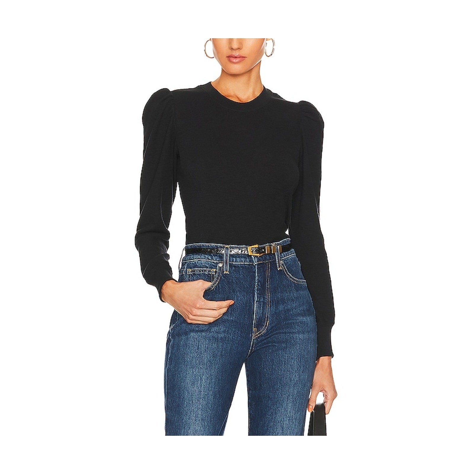 Marissa Webb 'Blair' Black Waffle Knit Puff Sleeve Pullover Size M