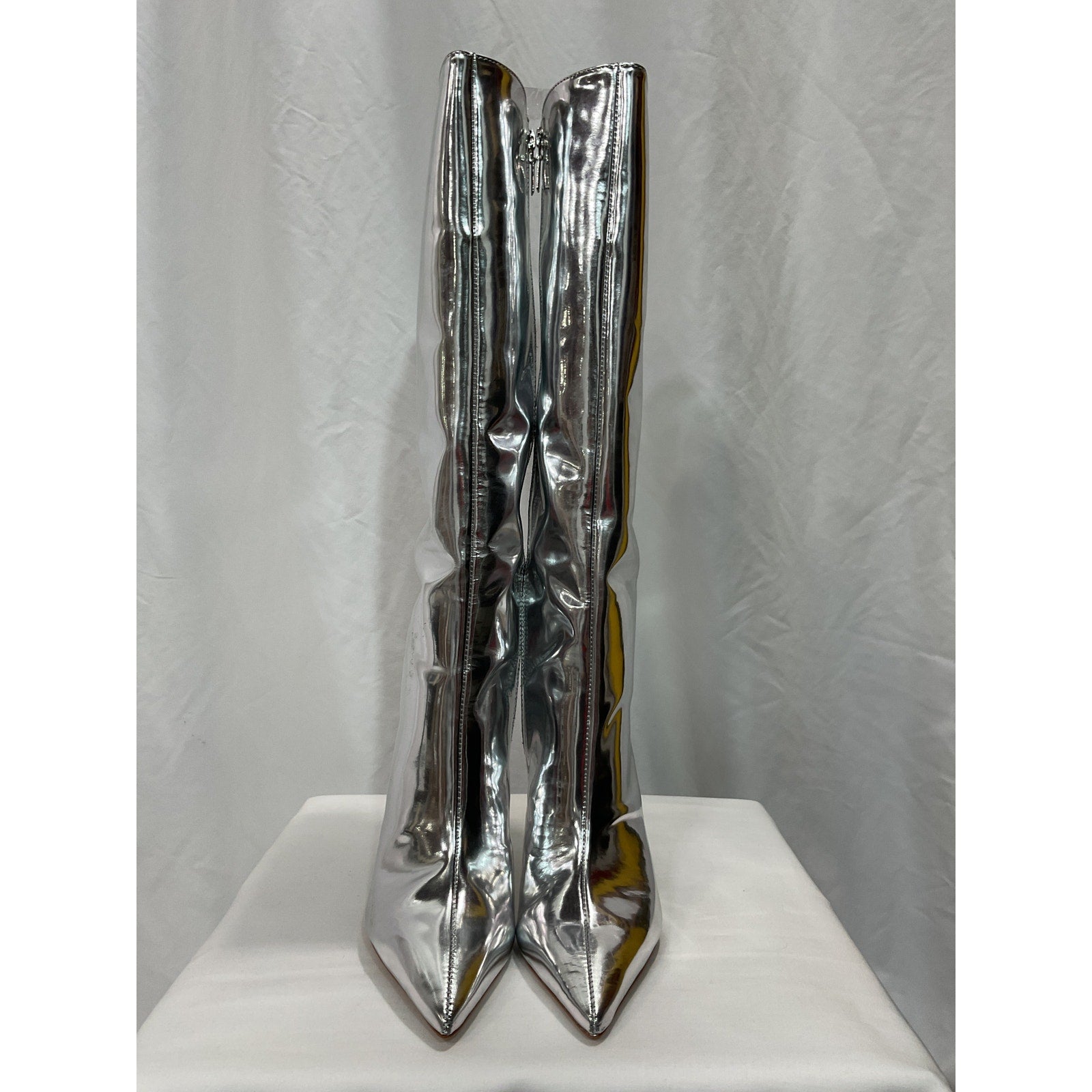 Schutz 'Mary Up' Silver Leather Stiletto Boot Size 7