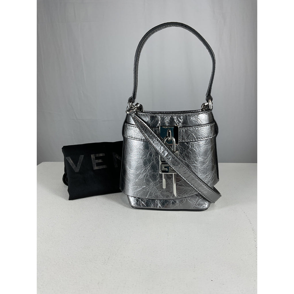 Givenchy 'Micro' Grey Leather Shark Lock Bucket Bag