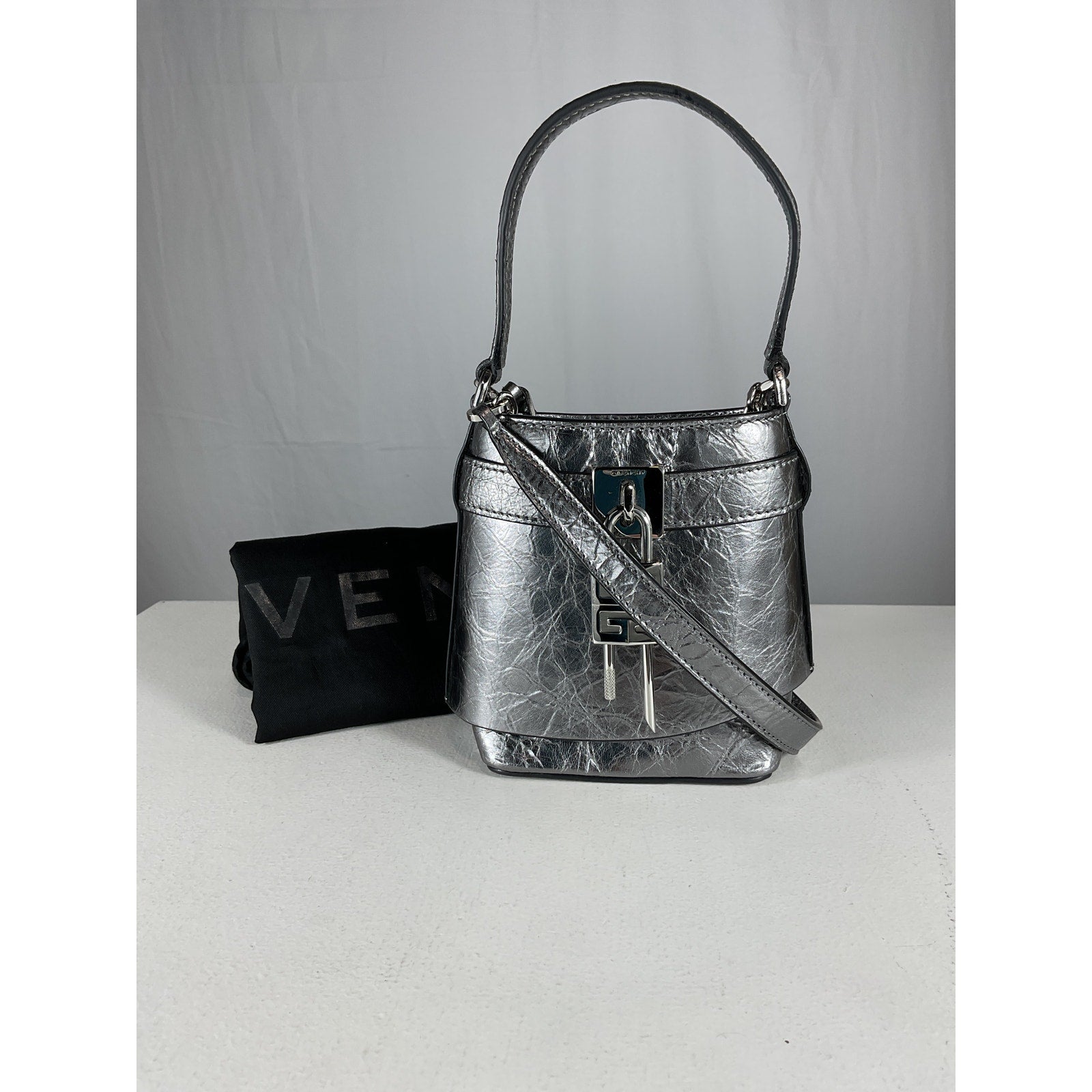 Givenchy 'Micro' Grey Leather Shark Lock Bucket Bag