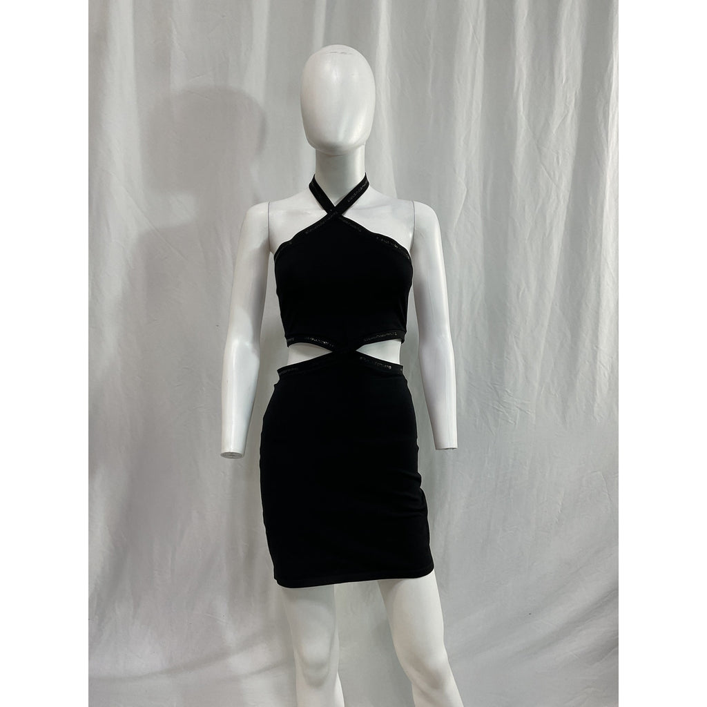 Alexander Wang 'Criss Cross' Black Logo Halterneck Cut Out Dress Size M