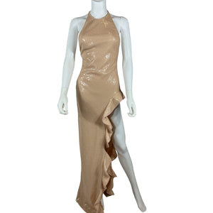 David Koma Ruffled Tan Open-Leg Sequin Gown Size UK 6 / US 2 NWT