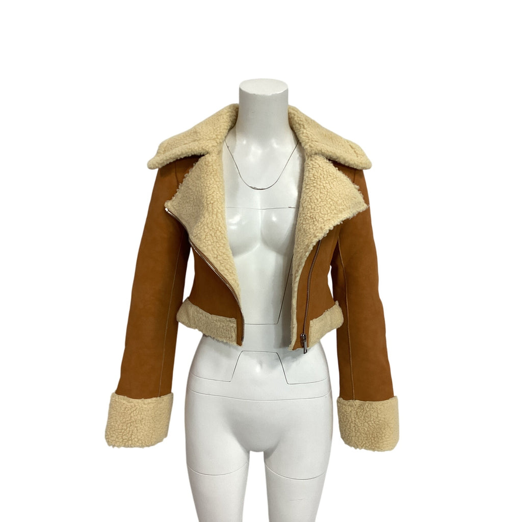 L'Academie X 'Bridget' Tan Polyester Taryn Fitted Faux Shearling Jacket Size S