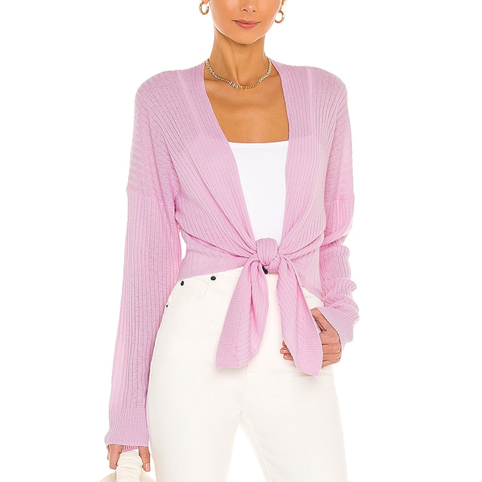 Autumn Cashmere x Revolve Pink Cashmere Tie Front Rib Cardigan Size L