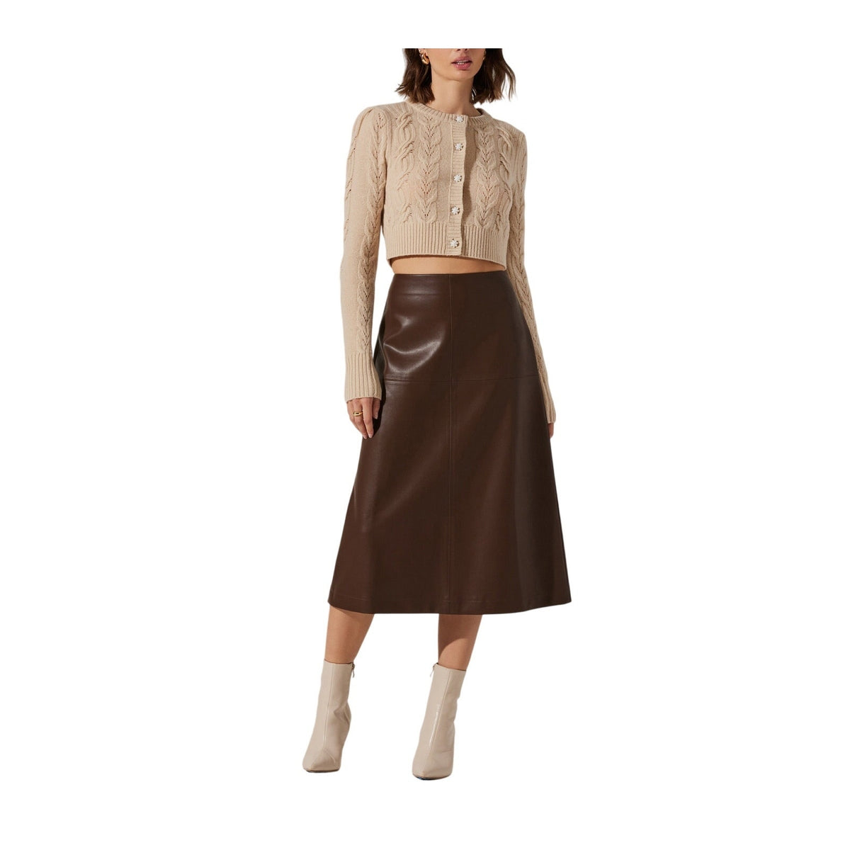 Astr The Label Faux Leather Brown Yuria Midi Skirt Size S
