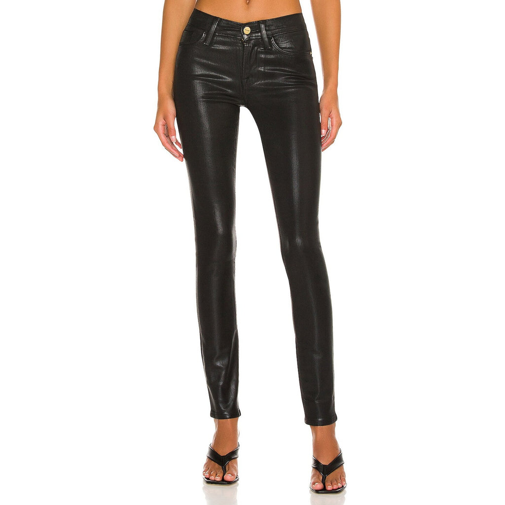 Frame 'Le Skinny' Black De Jeanne Coated Skinny Denim Jean Size 24